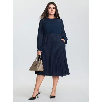 Bloomchic Women's Plus Size Sheer Polka Dots Pleated Midi Dress Navy Solid Midi Office Ruched 30/6x In Blue