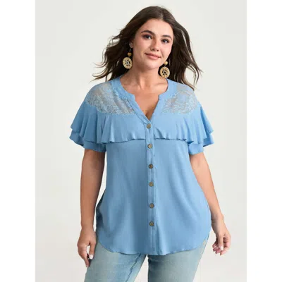 Bloomchic Women's Plus Size Sheer Ruffled Button Placket Blouse Skyblue Synthetic Texture Vacation Half Sleeve In Blue