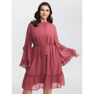 Bloomchic Women's Plus Size Sheer Ruffled Gathered Neck Belted Mini Dress Rouge Solid Midi Elegant Ruffles 10/ In Red