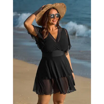 Bloomchic Women's Plus Size Sheer Ruffled Sleeve Layered Swim Dress Black Solid Mesh Panel Adaptive-fit 18-20/