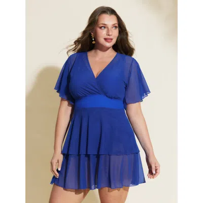 Bloomchic Women's Plus Size Sheer Ruffled Sleeve Layered Swim Dress Brightblue Solid Mesh Panel Adaptive-fit 1 In Blue