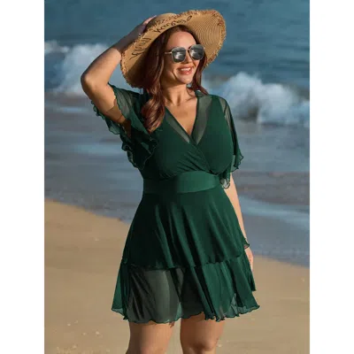 Bloomchic Women's Plus Size Sheer Ruffled Sleeve Layered Swim Dress Darkgreen Solid Mesh Panel Adaptive-fit 22 In Green