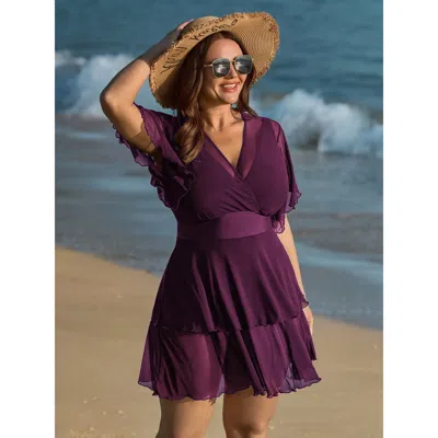 Bloomchic Women's Plus Size Sheer Ruffled Sleeve Layered Swim Dress Deeppurple Solid Mesh Panel Adaptive-fit 1