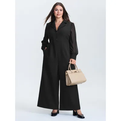 Bloomchic Women's Plus Size Sheer Sleeve Collared Wide-leg Jumpsuit Pureblack Office 10/m