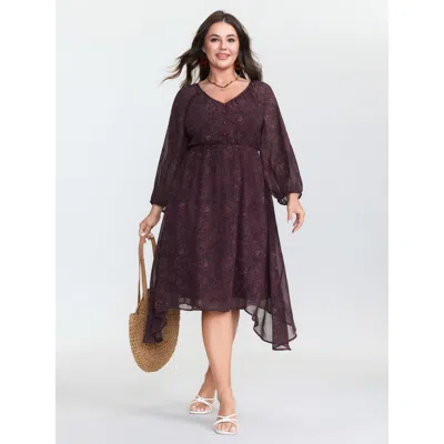 Bloomchic Women's Plus Size Sheer Sleeve Contrast V-neck Midi Dress Multicolor Paisley Midi Vacation 12/l