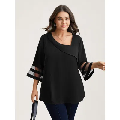 Bloomchic Women's Plus Size Sheer Sleeve Patchwork Asymmetrical Neckline Blouse Black Solid Office 3/4 Sleeve 