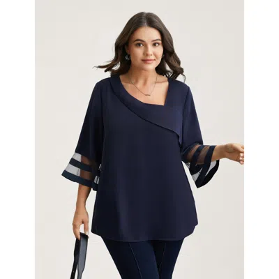 Bloomchic Women's Plus Size Sheer Sleeve Patchwork Asymmetrical Neckline Blouse Indigo Solid Office 3/4 Sleeve In Purple