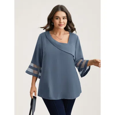 Bloomchic Women's Plus Size Sheer Sleeve Patchwork Asymmetrical Neckline Blouse Stone Solid Office 3/4 Sleeve  In Gray