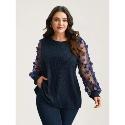 Bloomchic Women's Plus Size Sheer Sleeve Textured Patchwork Round Neck T-shirt Indigo Synthetic Texture Elegan In Purple
