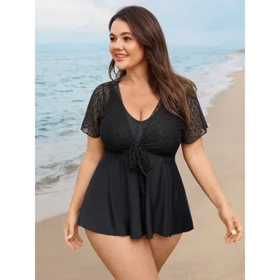 Bloomchic Women's Plus Size Sheer Sleeves Fit And Flare Swim Top Black Solid Short Sleeve Bowknot Adjustable S