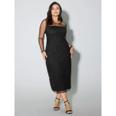 Bloomchic Women's Plus Size Sheer Stretchy Rhinestone Midi Party Dress Pureblack Party Maxi Round Neck 12/l