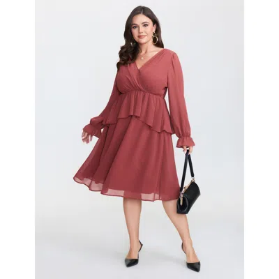 Bloomchic Women's Plus Size Sheer Stretchy Waist Layered Midi Dress Rust Solid Midi Elegant Tiered 28/5x In Brown