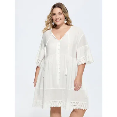 Bloomchic Women's Plus Size Sheer Tassel Neck-tie Lace Hem Mini Dress Whitesmoke Else Midi Vacation Patchwork 