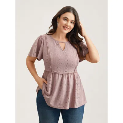 Bloomchic Women's Plus Size Sheer Textured Lace Panel Flared Top Dirtypink Short Sleeve Elegant V-notch Neck 3