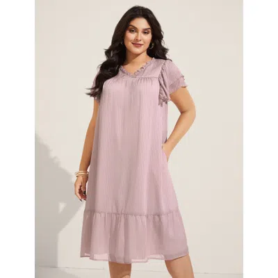 Bloomchic Women's Plus Size Sheer Textured Layered Ruffled Sleeve Midi Dress Nudepink Stripes Midi Vacation 10