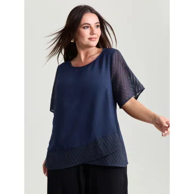 Bloomchic Women's Plus Size Sheer Textured Sleeve Round Neck Blouse Darkblue Non Office Short Sleeve 12/l In Blue