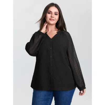 Bloomchic Women's Plus Size Sheer Textured Sleeve Ruffled Neckline Blouse Black Solid Office Long Sleeve V-not