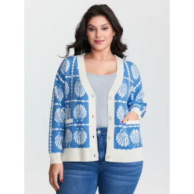 Bloomchic Women's Plus Size Shell Pattern Jacquard Knit Cardigan Skyblue Long Sleeve V-neck 10/m In Blue