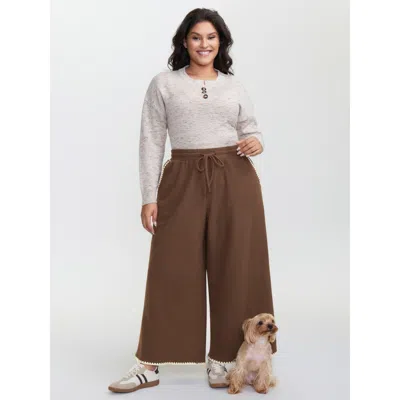 Bloomchic Women's Plus Size Shell Shaped Embroidery Contrast Pants Browncoffeecolor Non Wide Leg Mid Rise Casu