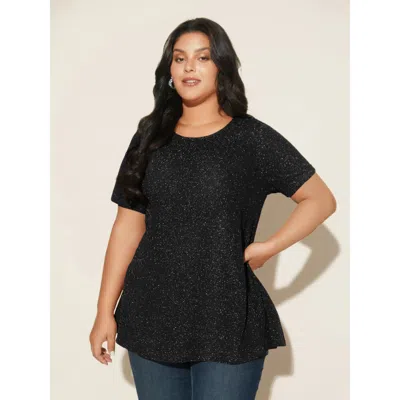 Bloomchic Women's Plus Size Shimmering Gold & Silver Thread A-line Tee Black Marled / Heathered Party Short Sl