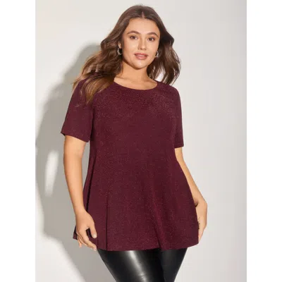 Bloomchic Women's Plus Size Shimmering Gold & Silver Thread A-line Tee Burgundy Marled / Heathered Party Short