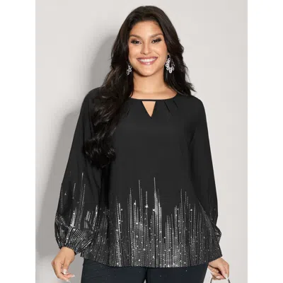 Bloomchic Women's Plus Size Shimmery Cut-out Neck Blouse Black Metallic Party Long Sleeve Round Neck 12/l