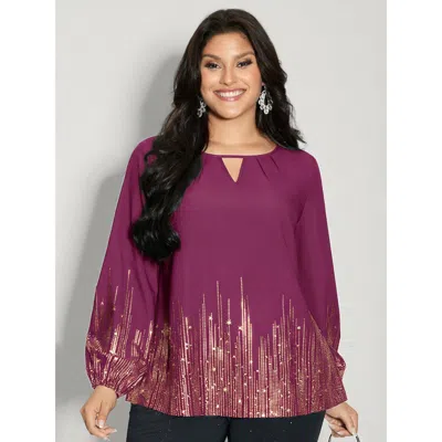 Bloomchic Women's Plus Size Shimmery Cut-out Neck Blouse Deeppurplered Metallic Party Long Sleeve Round Neck 1