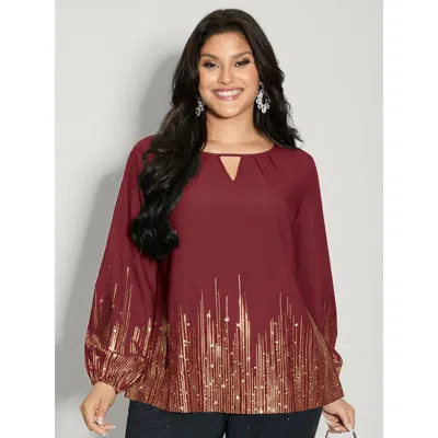 Bloomchic Women's Plus Size Shimmery Cut-out Neck Blouse Scarlet Metallic Party Long Sleeve Round Neck 10/m In Red