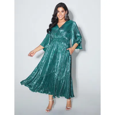 Bloomchic Women's Plus Size Shimmery Gold Stamped Textured Midi Dress Teal Ripple Maxi Party Cable Knit 10/m In Blue