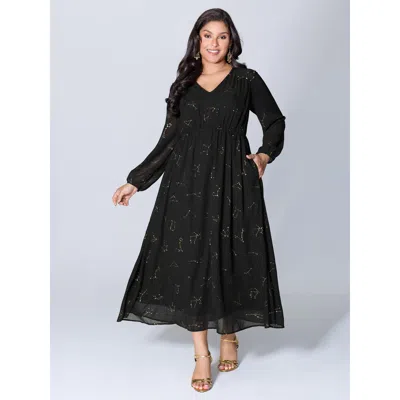 Bloomchic Women's Plus Size Shimmery Hot Stamped Shirred Pockets Party Dress Black Party Maxi 12/l