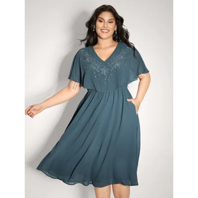 Bloomchic Women's Plus Size Shimmery Hotfix Rhinestone Layered Midi Dress Aegean Party Midi Rhinestone Detaili In Blue
