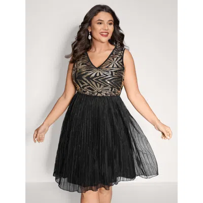 Bloomchic Women's Plus Size Shimmery Padded V-neck Pleated Midi Dress Multicolor Party Knee Non 30/6x