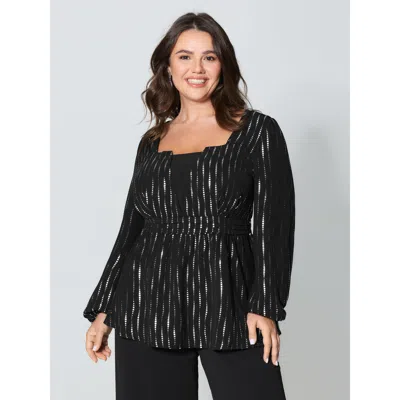 Bloomchic Women's Plus Size Shimmery Sequin Cinched-waist Blouse Black Foil Print Party Long Sleeve V-notch Ne
