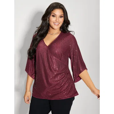 Bloomchic Women's Plus Size Shimmery Sequin Gathered Flared Sleeve Blouse Burgundy Synthetic Texture Party 3/4