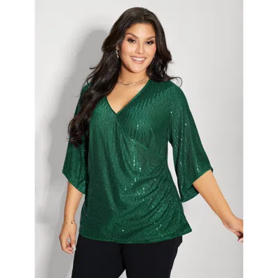 Bloomchic Women's Plus Size Shimmery Sequin Gathered Flared Sleeve Blouse Darkgreen Synthetic Texture Party 3/ In Green