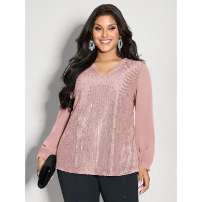 Bloomchic Women's Plus Size Shimmery Sequin Notched Collar Blouse Blush Else Party Long Sleeve V-notch Neck 14 In Pink