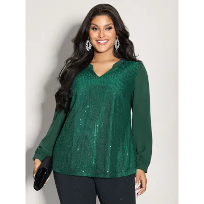Bloomchic Women's Plus Size Shimmery Sequin Notched Collar Blouse Darkgreen Else Party Long Sleeve V-notch Nec In Green