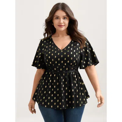 Bloomchic Women's Plus Size Shimmery Sequin Polka Dots Waist-cinched Blouse Black Non Party Short Sleeve 10/m