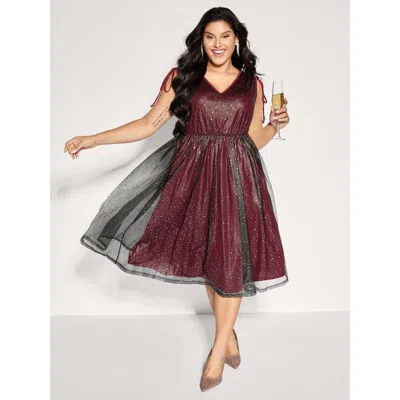 Bloomchic Women's Plus Size Shimmery Sequin Rhinestones Shoulder Tie Midi Dress Burgundy Party Midi Drawstring