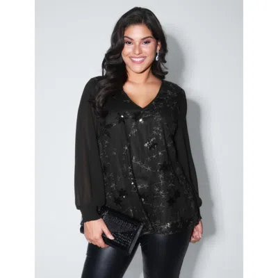 Bloomchic Women's Plus Size Shimmery Sequin Shirred Cuff Blouse Black Solid Party Long Sleeve V-neck 12/l