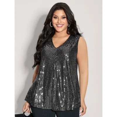 Bloomchic Women's Plus Size Shimmery Sequin V-neck A-line Tank Top Black Party Flared V-neck 10/m