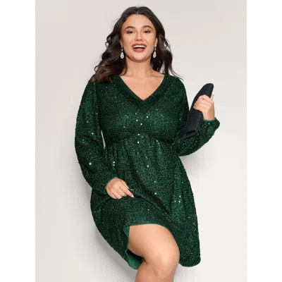 Bloomchic Women's Plus Size Shimmery Sequin V-neck Knee Dress Darkgreen Party Mini Smocked V-neck 10/m In Green