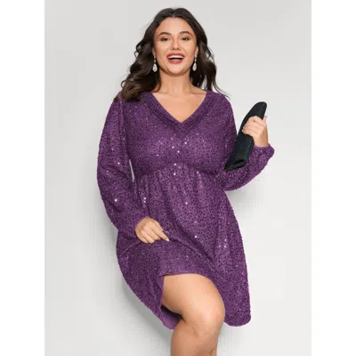 Bloomchic Women's Plus Size Shimmery Sequin V-neck Knee Dress Deeppurplered Party Mini Smocked V-neck 28/5x