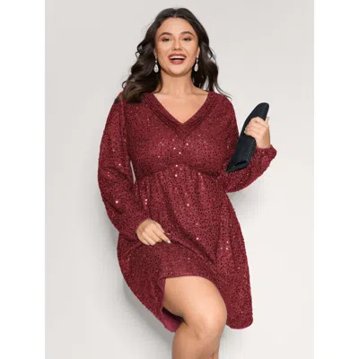 Bloomchic Women's Plus Size Shimmery Sequin V-neck Knee Dress Scarlet Party Mini Smocked V-neck 10/m In Red