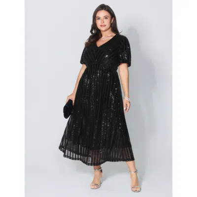 Bloomchic Women's Plus Size Shimmery Sequin V-neck Midi Dress Black Solid Maxi Party Mesh Panel 10/m