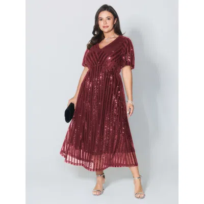Bloomchic Women's Plus Size Shimmery Sequin V-neck Midi Dress Burgundy Solid Maxi Party Mesh Panel 10/m