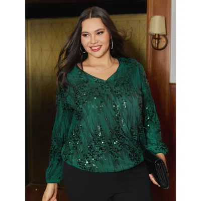 Bloomchic Women's Plus Size Shimmery Sequin Wrap V-neck Blouse Darkgreen Non Party Long Sleeve 18-20/2x In Green