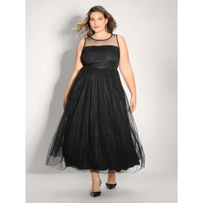 Bloomchic Women's Plus Size Shimmery Sheer Neckline Flowy Maxi Dress Black Non Maxi Party 10/m