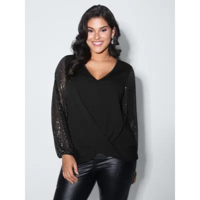 Bloomchic Women's Plus Size Shimmery Sleeve Knotted Hem Blouse Black Non Party Long Sleeve 22-24/3x