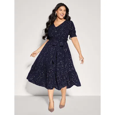 Bloomchic Women's Plus Size Shimmery Star Print Stretchy-waist Midi Dress Indigo Star & Moon Midi Party Lace-u In Purple